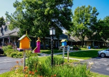 birdhouses and parking shops in background